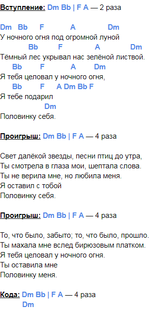 Танцы минус - «у ночного огня» аккорды. «половинка» бой и перебор на гитаре