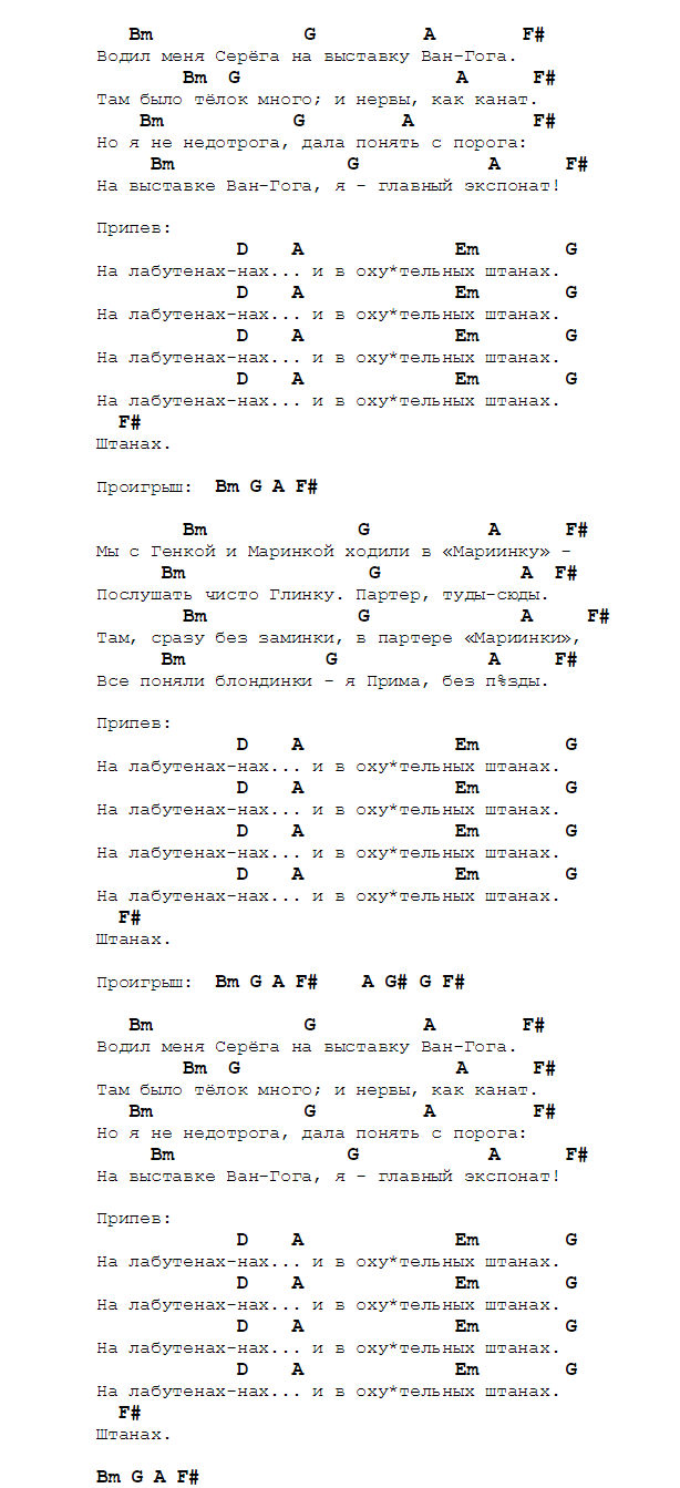 Экспонат На лабутенах - Ленинград - Аккорды для гитары в Am, текст, метод игры на гитаре, бой и видео-подробный разбор для начинающих, как играть песню